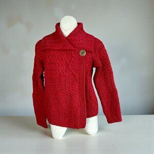 Quills Cardigan Sweater Red Irish Wool Chunky Cable Knit One Button Size Small
